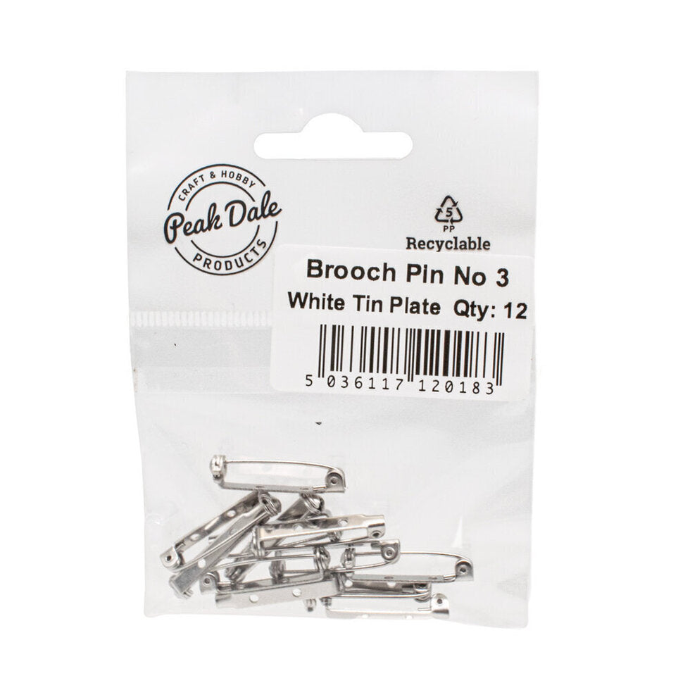 Badge / Brooch Pin No 3 White Tin Plated 25mm Pack of 12