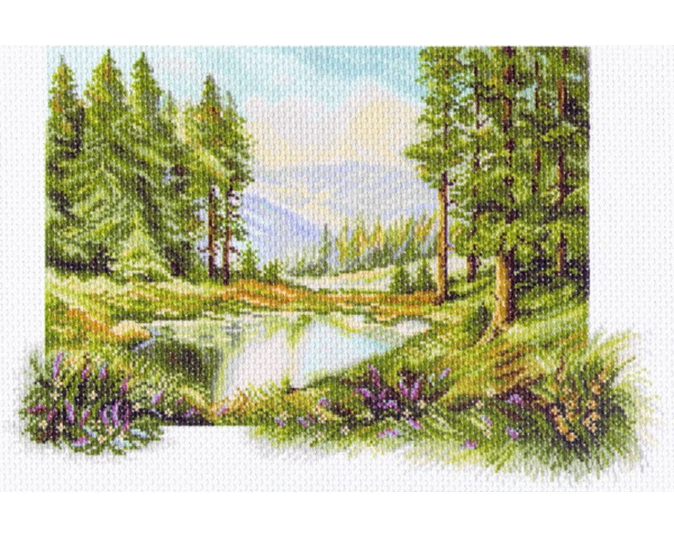 Printed cross stitch aida - Landscape with pinetrees